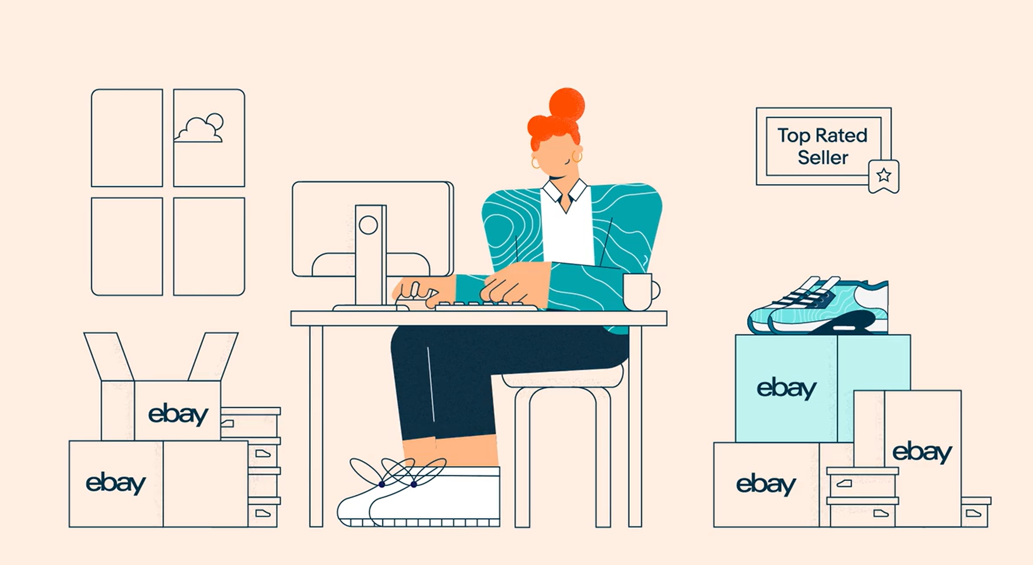 Illustrated image of a woman working at a computer