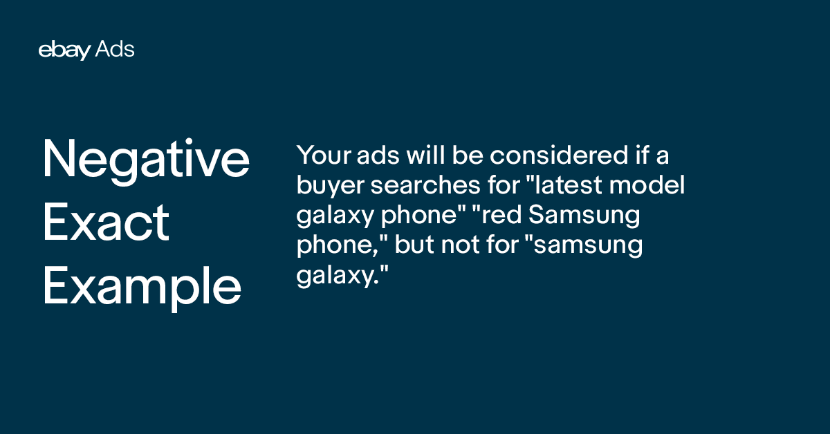 Negative Exact Example. Your ads will be considered if a buyer searches for "latest model galaxy phone" "red Samsung phone," but not for "samsung galaxy."
