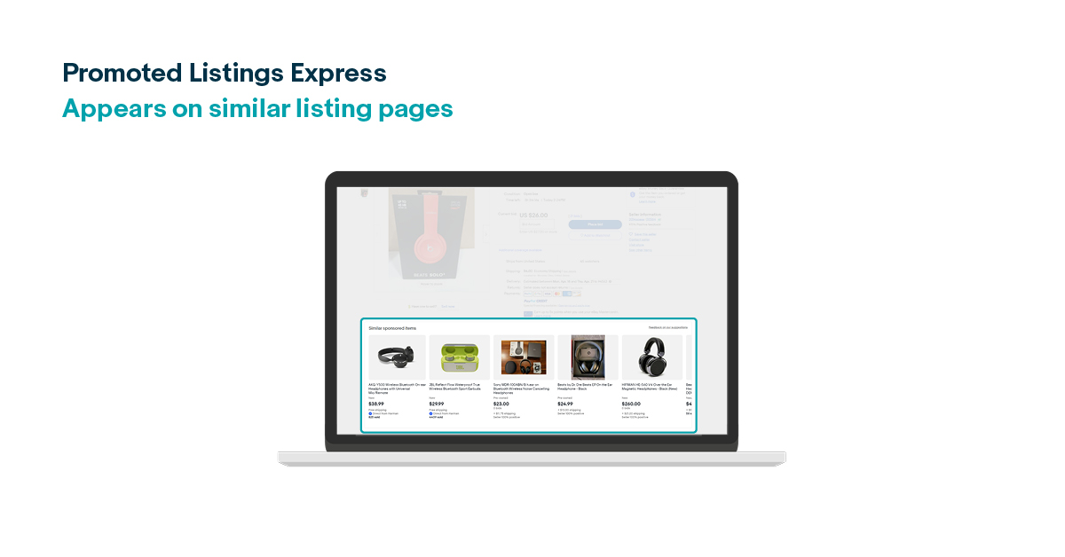 Image of a computer showing what Promoted Listings Express ads look like. Text on the screen reads:

"Promoted Listings Express appears on similar listings pages.

Auction listings
For the first time, sellers can now benefit from increased exposure during the auction period to help drive views, bids and sales. Listings that utilized Promoted Listings Express received on average 47% more views than those not promoted. 

Simple pricing
Simple to use - no need to calculate ad rate fees or daily cost per click budget. Fixed flat fee is provided upfront.

Reach the right buyers
Promoted Listings Express appears as ads on similar listing pages, which means that your listing is in the right place at the right time."