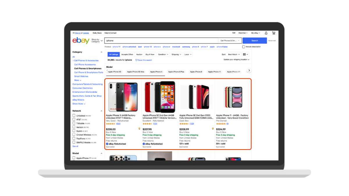 Screenshot of what the Promoted Listings Advanced slot expansion looks like. The top four listing slots in eBay Ads search are showcased.
