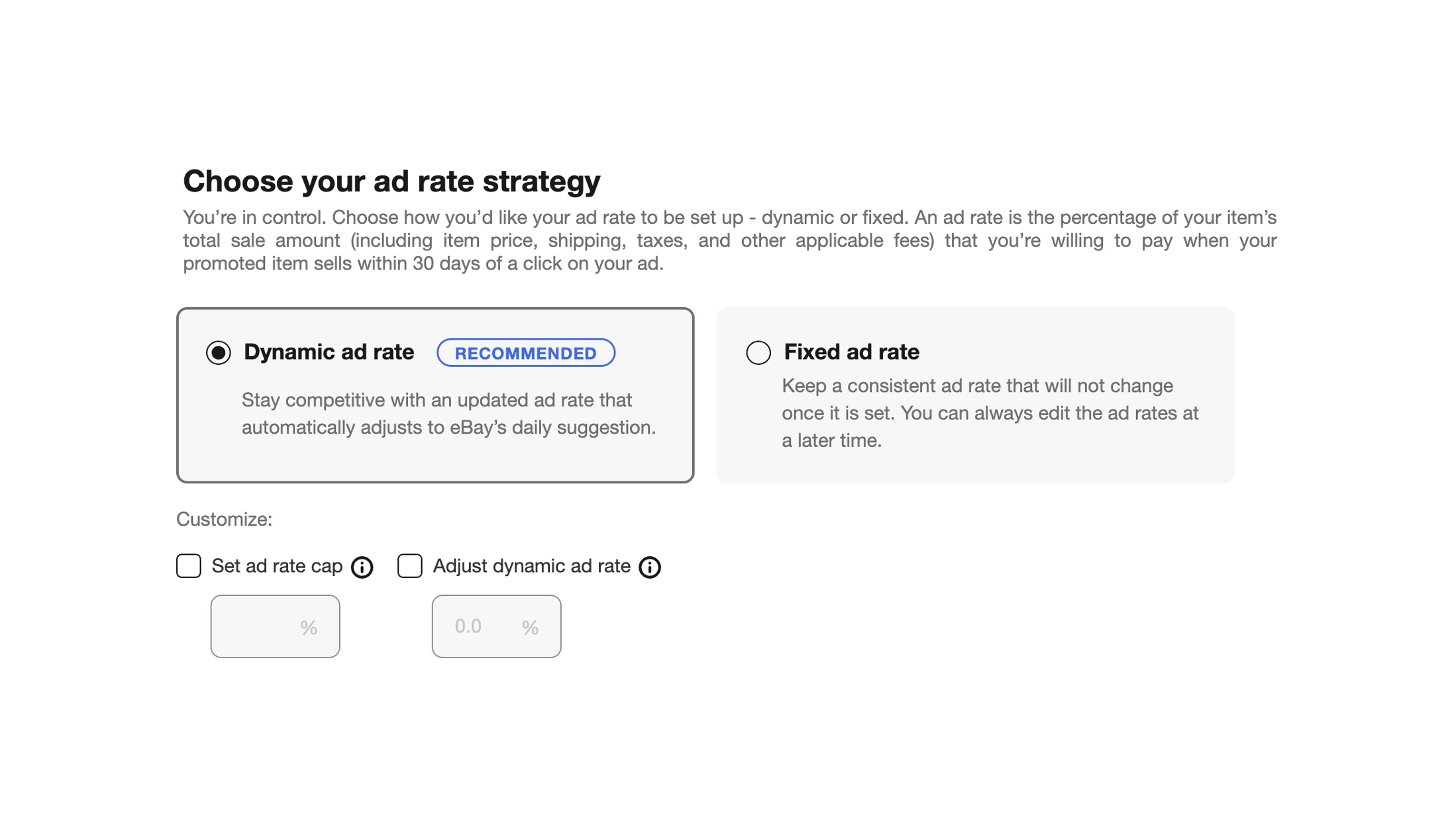 View on campaign start page for new Dynamic Ad Rate option for Promoted Listings Standard campaigns.
